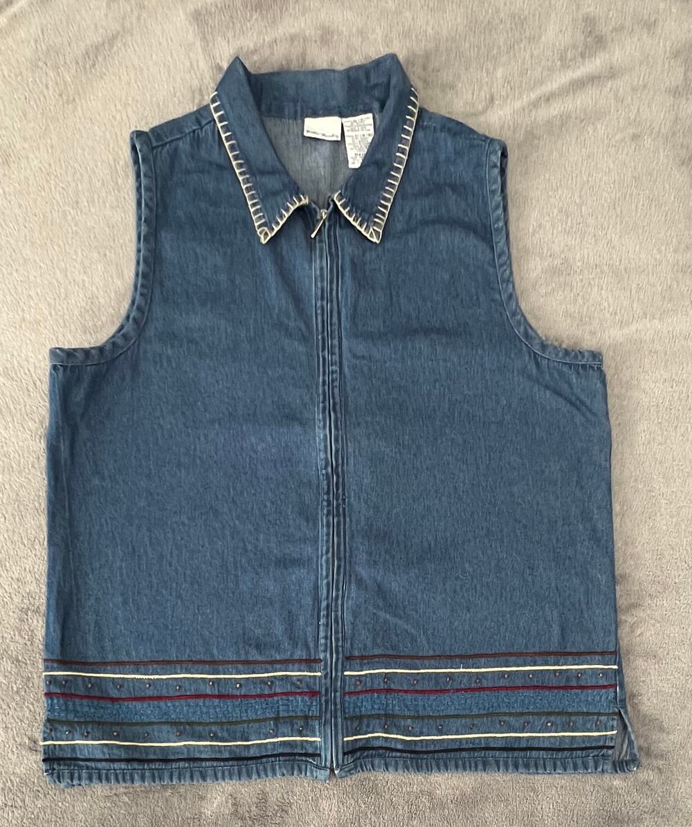 VTG 90s Bobbie Brooks Denim Vest XL Embroidered Southwest Blanket Stitch Zip Up